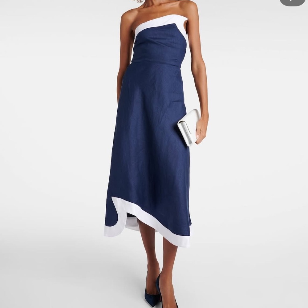 STAUD Strapless Dress in Navy and White